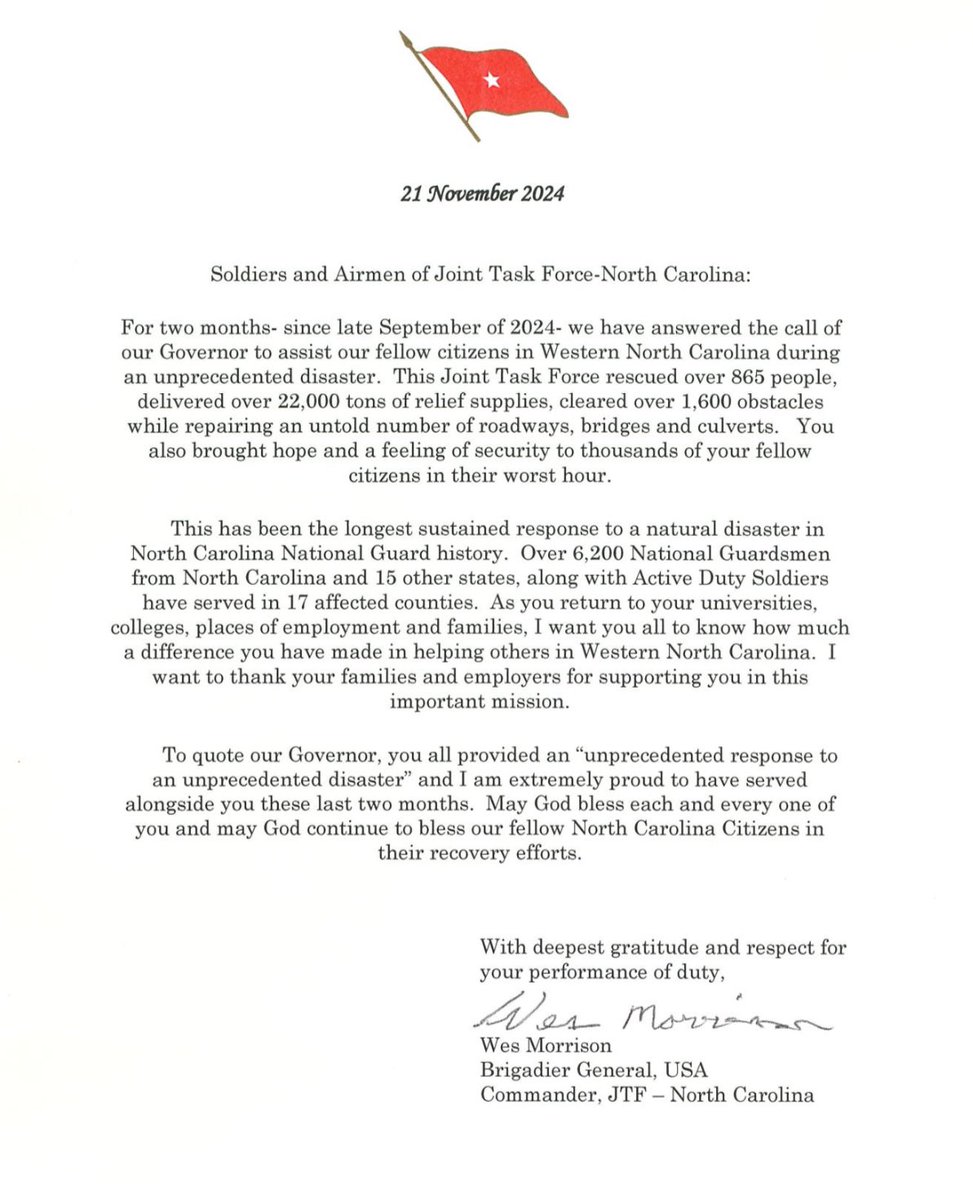 From Brig. Gen. Wes Morrison, Commander, Joint Task Force - NC: This Joint Task Force rescued over 865 people, delivered over 22,000 tons of relief supplies, cleared over 1,600 obstacles while repairing an untold number of roadways, bridges and culverts.

More below. ⬇️
