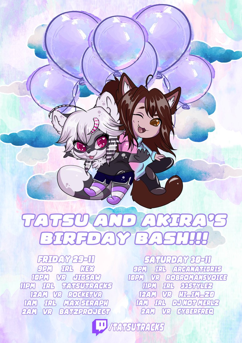 We are celebrating our birthday!! <a href="/Akira_sillycat/">Akira</a> and I are holding a Portal Party, that means we'll be hearing DJs IRL and from inside #VRChat.
Come join us on Friday and Saturday starting both days at 9pm CET / 3pm EST.
SUPER HYPED!!