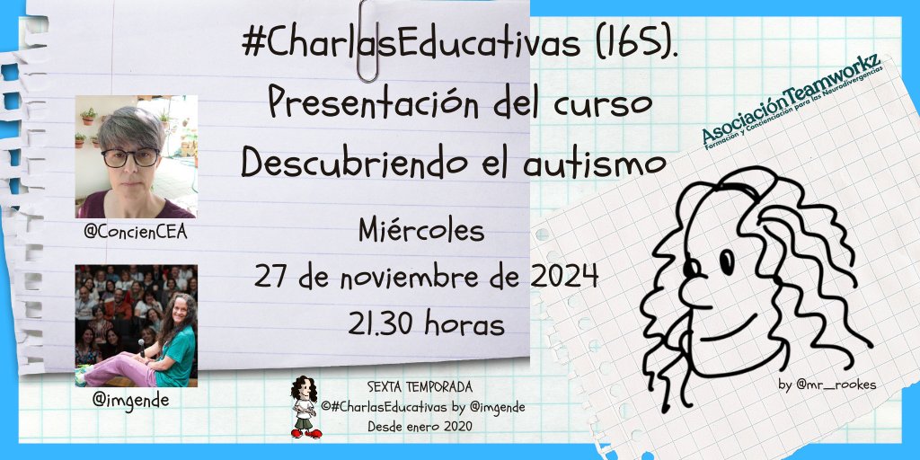 Ingrid Mosquera (@imgende) on Twitter photo 🤩 Ya programada la charla de este miércoles. Presentamos una nueva incorporación al Moodle gratuito de las #CharlasEducativas. 
charlaseducativas.com/cursos
Y no estaré sola, <a href="/ConcienCEA/">Ester</a> estará conmigo. 🥰
youtube.com/live/H-1kUwF-Y… 
Hablaremos de #autismo.
¡Os esperamos! 🤩 Ya programada la charla de este miércoles. Presentamos una nueva incorporación al Moodle gratuito de las #CharlasEducativas. 
charlaseducativas.com/cursos
Y no estaré sola, <a href="/ConcienCEA/">Ester</a> estará conmigo. 🥰
youtube.com/live/H-1kUwF-Y… 
Hablaremos de #autismo.
¡Os esperamos!