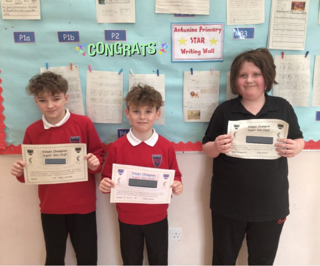 AntoninePrimary's tweet photo. Well done to our P5-P7 Value Champions for consistently displaying our value of aspiration💫 #agentaimhigh #values https://t.co/NEQPLPfF23