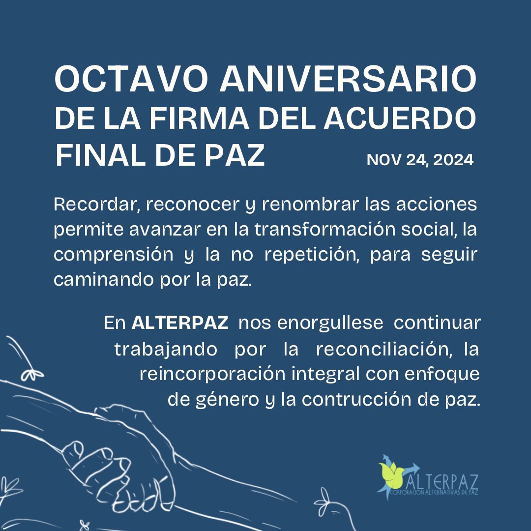 Alterpaz - Corporación Alternativas de Paz (@calterpaz) on Twitter photo Conmemoramos el octavo aniversario de la firma del acuerdo final de paz 💙🕊️nuestro compromiso sigue firme en la construcción de paz sostenible y duradera.
<a href="/MisionONUCol/">Misión de la ONU en Colombia</a> <a href="/onucolombia/">ONU Colombia 🇺🇳</a> <a href="/onumujerescol/">ONUMujeresCol</a> Conmemoramos el octavo aniversario de la firma del acuerdo final de paz 💙🕊️nuestro compromiso sigue firme en la construcción de paz sostenible y duradera.
<a href="/MisionONUCol/">Misión de la ONU en Colombia</a> <a href="/onucolombia/">ONU Colombia 🇺🇳</a> <a href="/onumujerescol/">ONUMujeresCol</a>