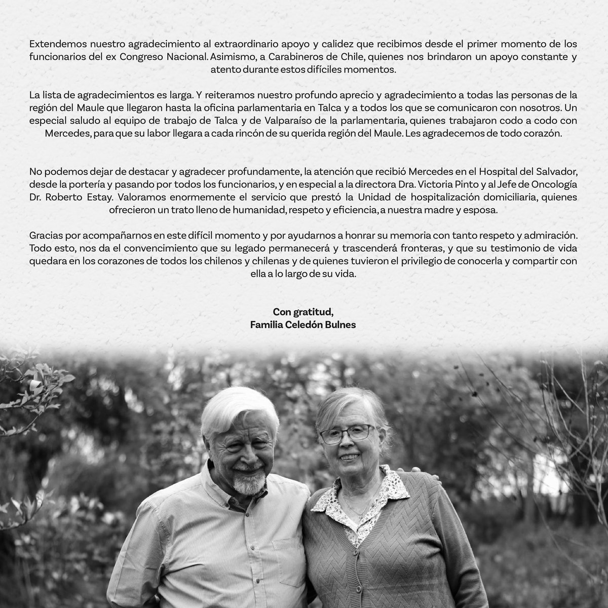 DiputadaBulnes's tweet image. Agradecimientos
Como familia queremos expresar nuestro más profundo agradecimiento por las innumerables muestras de cariño y respeto hacia nuestra amada María Mercedes Bulnes Núñez, cónyuge, madre y abuela.
Nos conmovió el invaluable gesto del Presidente de Chile, Gabriel Boric…