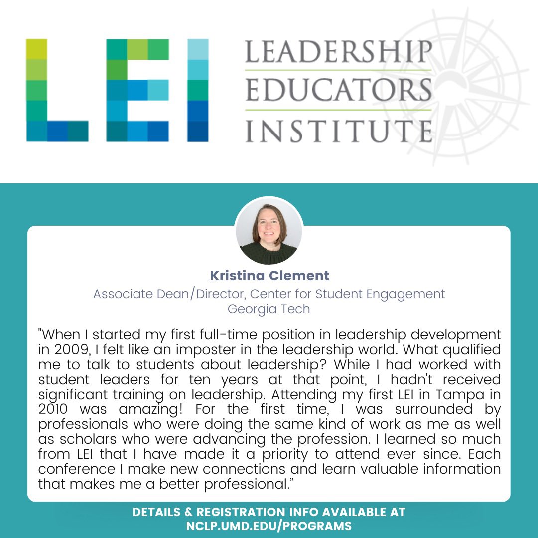 Join Kristina, LEI Planning Committee Member, and other professionals committed to leadership development in two weeks at #LEI2024

Register here: naspa.org/events/2024-le…