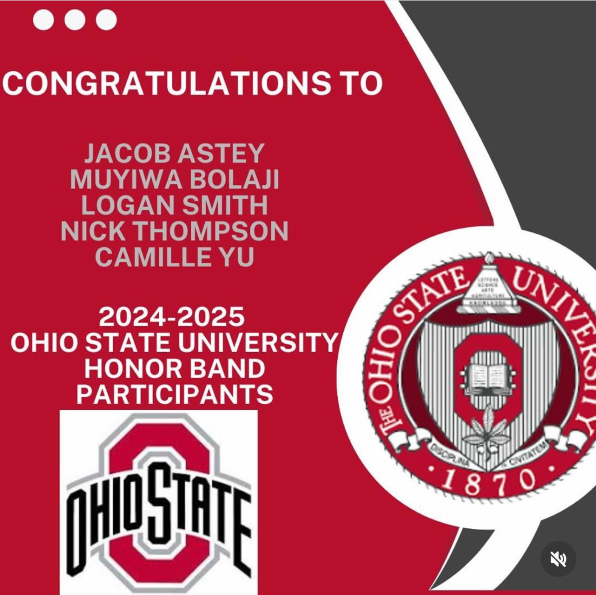 Congratulations to Jacob Astey, Muyiwa Bolaji, Logan Smith, Nick Thompson, and Camille Yu on being selected to participate in The Ohio State University Honor Band!🎶🐝