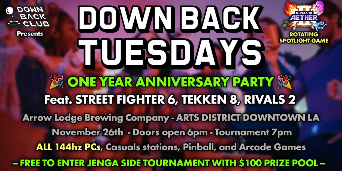 📢 TOURNAMENT TOMORROW IN DOWNTOWN LA!

We're doing it big for our last DBT of the year! Everyone who registers will be entered into a raffle for a FREE PACK OF ARROW LODGE BEER

Also a FREE TO ENTER $100 Jenga tournament

Details &amp; reg in the replies 👇