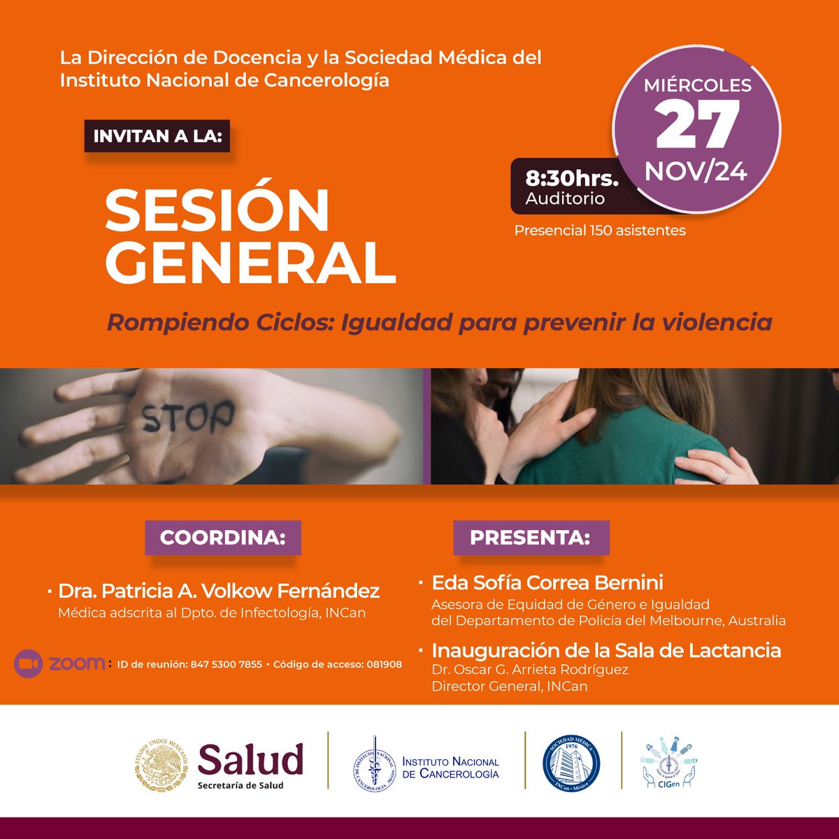 DocenciaIncan.MX (@docenciaincan) on Twitter photo La Dirección de Docencia y la Sociedad Médica del INCan invitan a la Sesión General el día 27 de noviembre de 2024, de 08:30 a 09:30 hrs
Auditorio: 300 Personas.
Vía Zoom:
us06web.zoom.us/j/84753007855...
ID: 847 5300 7855
Código: 081908
<a href="/ogarrieta/">Oscar Arrieta</a> <a href="/Betzabe100/">Erika Ruiz-Garcia</a> <a href="/mtzsaid/">Hector Martinez Said</a> <a href="/zapata_nidia/">nidia zapata</a> La Dirección de Docencia y la Sociedad Médica del INCan invitan a la Sesión General el día 27 de noviembre de 2024, de 08:30 a 09:30 hrs
Auditorio: 300 Personas.
Vía Zoom:
us06web.zoom.us/j/84753007855...
ID: 847 5300 7855
Código: 081908
<a href="/ogarrieta/">Oscar Arrieta</a> <a href="/Betzabe100/">Erika Ruiz-Garcia</a> <a href="/mtzsaid/">Hector Martinez Said</a> <a href="/zapata_nidia/">nidia zapata</a>