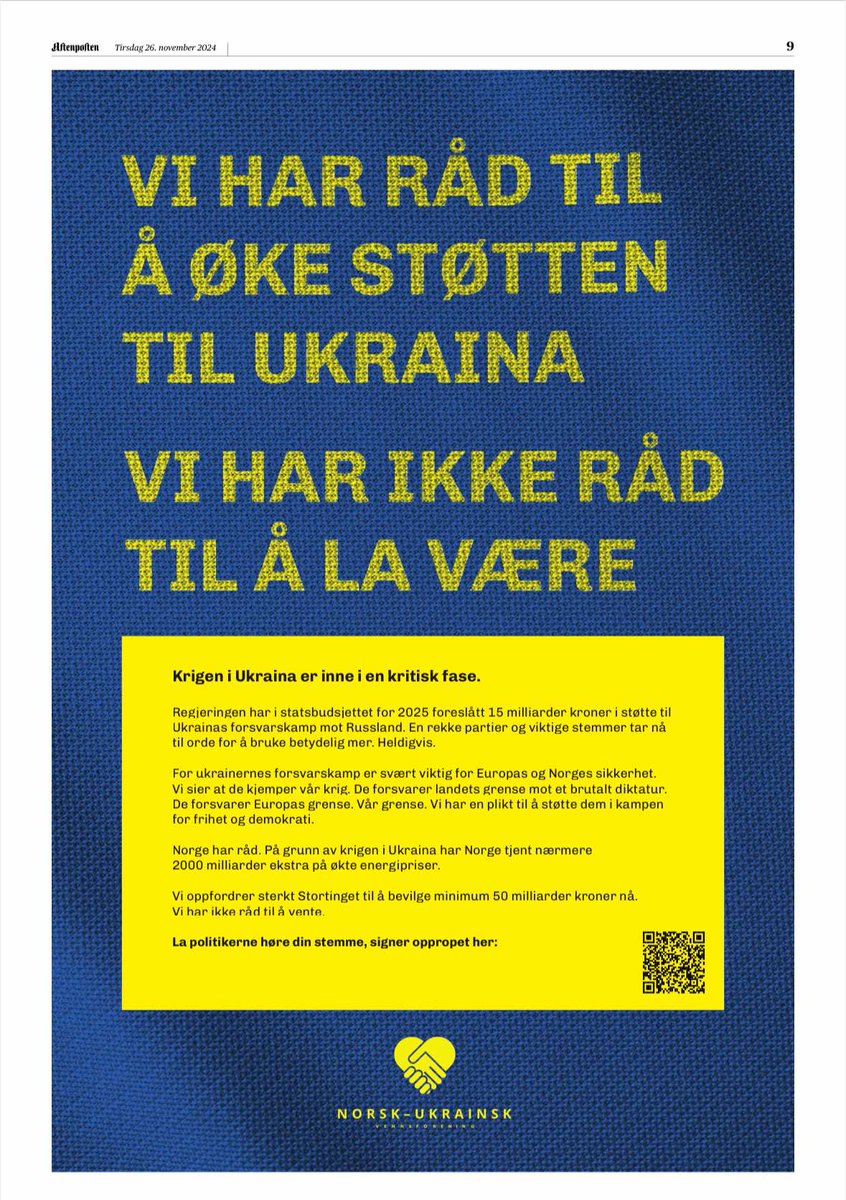 bjornberger's tweet photo. I morgen skal Jonas Gahr Støre og partilederne forhandle om Norges støtte til Ukraina. Vi i Norsk-ukrainsk venneforening forventer en drastisk økning. Vi skal aldri slutte å minne regjeringen på at vi har ikke råd til å la være - først med annonser i Aftenposten og VG i morgen. https://t.co/DTeoYbxpP2