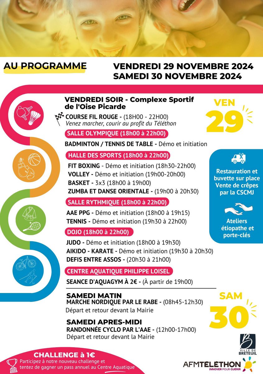 USBreteuil's tweet photo. #telethon

Nous serons présents au complexe sportif de l’Oise Picarde avec un stand notamment animé par Raphaël Demetz.

On compte aussi sur nos sportifs, jeunes et moins jeunes, pour faire le défi FIL ROUGE  🏃‍♂️🏃🏻‍♀️

Pour les enfants et pour la recherche 👊

💙🖤💛💚🧡🩷🩵🧒 https://t.co/j1UYGRGy0u