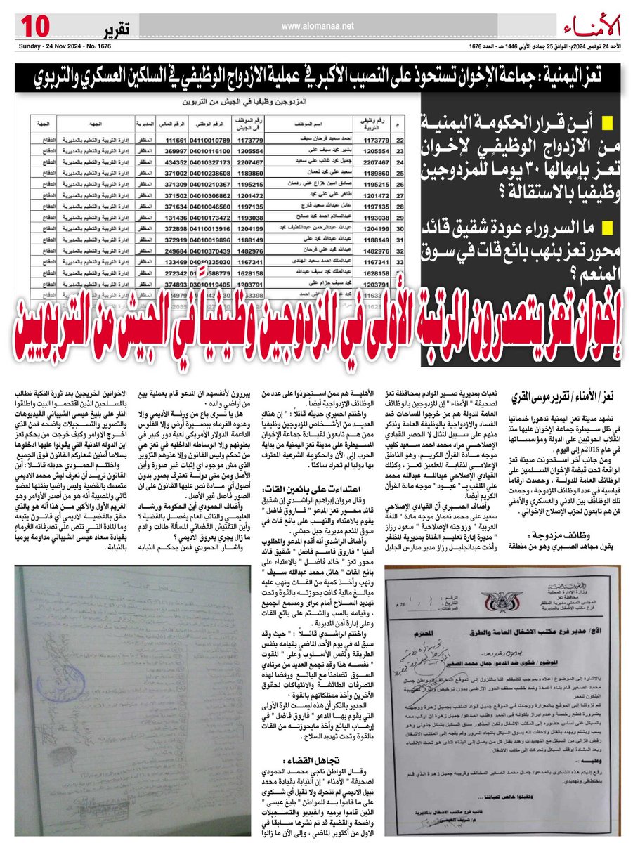 تعز اليمنية : جماعة الإخوان تستحوذ على النصيب الأكبر في  عملية الازدواج الوظيفي في السلكين العسكري والتربوي
#صحيفة_الأمناء #الأمناء