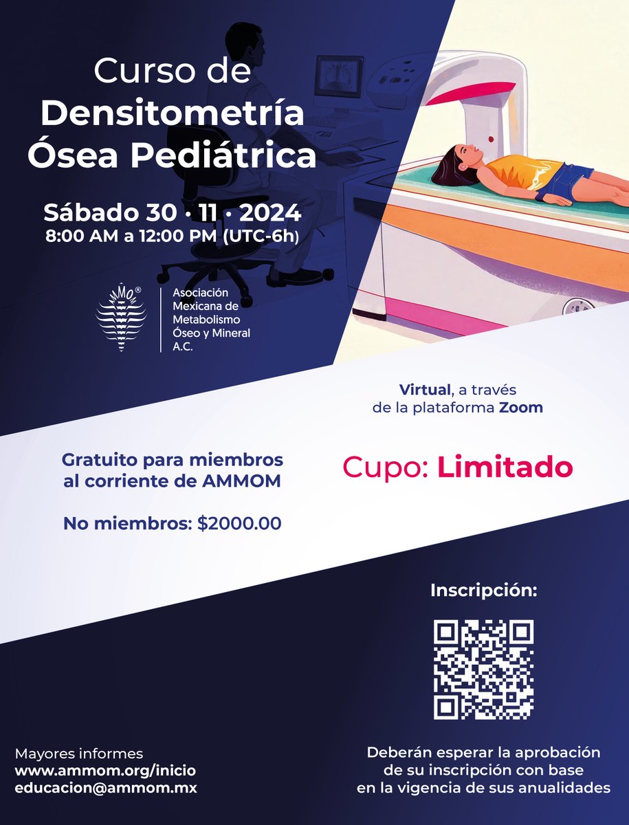 Participa en el curso de #densitometria ósea #pediátrica, con un panel experimentado de profesores expertos

📆 Sábado 30 de noviembre de 08:00 a 12:00 hrs. a través de ZOOM

** Curso gratuito para miembros #ammom al corriente de sus pagos **

Registro:

forms.gle/1z2w42N7isXv7N…