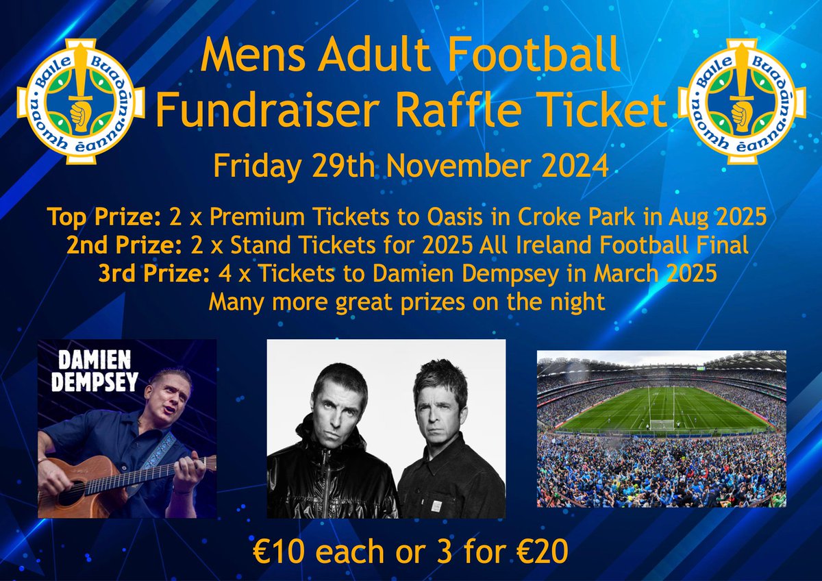 Have you bought your raffle ticket yet 🎟️🎟️ We have some amazing prizes in the raffle which takes place on Friday night! 
Buy 1 ticket for €10 or 3 for €20!!  
Buy 1 ticket ➡️bit.ly/3CzHWZzBuy 
3 tickets ➡️bit.ly/40XOJX8