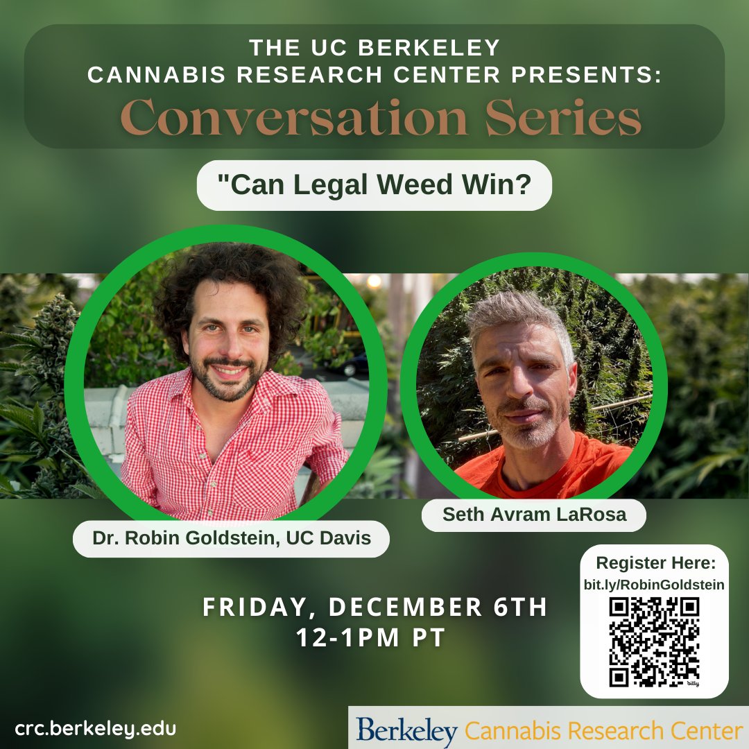 Can legal weed win? Join us for our last Researcher Conversation Series of the Fall semester on Friday, 12/6, from 12-1pm PT. We will discuss this topic with Dr. Robin Goldstein from UC Davis. Seth Avram LaRosa will be facilitating! Register here: bit.ly/RobinGoldstein