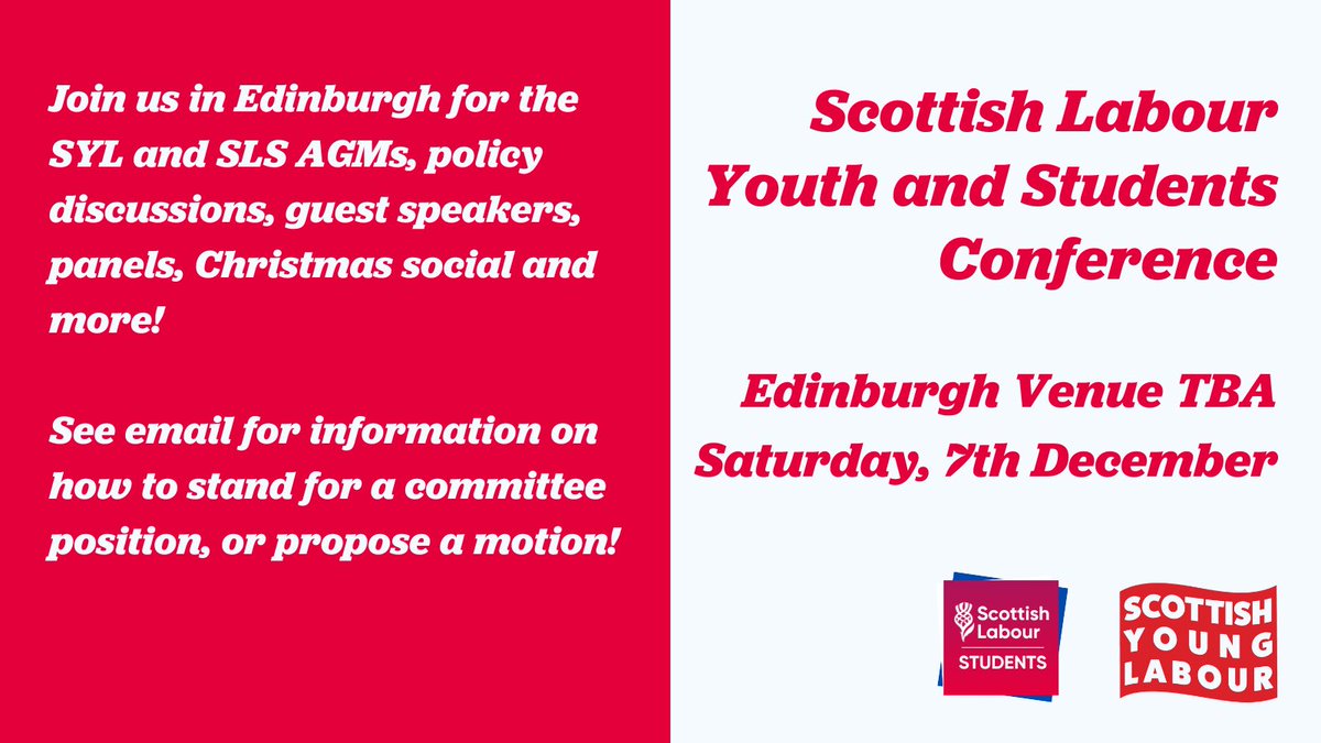 🚨🗳️On 7 December we’re heading to Edinburgh for a day including our AGM, policy discussions, guest speakers and our Christmas social!

Member’s will be sent an email with a link to RSVP and information on how to stand for committee or propose a motion!