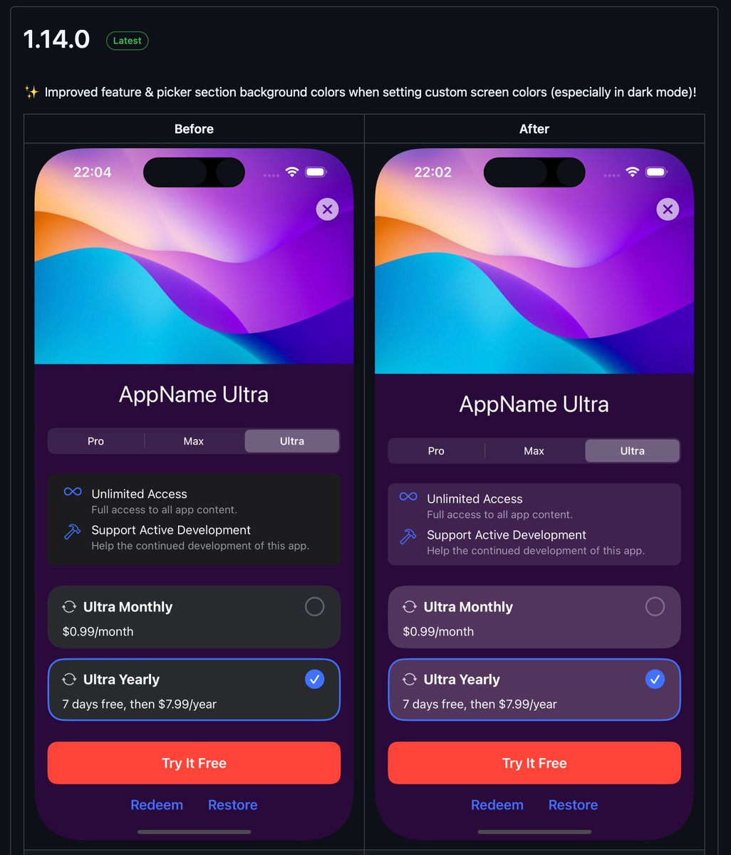 ✨ Our new SDK version 1.14.0 brings refined dark mode paywall backgrounds with enhanced color blending for custom themes. 🎨 

👀 Check out this Before vs After – subtle details make all the difference in creating premium subscription experiences! 💫 

#iOSDev #SwiftUI #IAPs