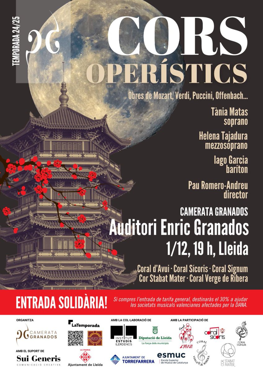 Concert Cors Operístics
Camerata Granados
Coral d'Avui, Coral Sícoris, Coral Signum, Cor Stabat Mater i Coral Verge de Ribera
Diumenge, 1 de desembre
19 h
Auditori Municipal Enric Granados de Lleida
ENTRADA SOLIDÀRIA DANA!