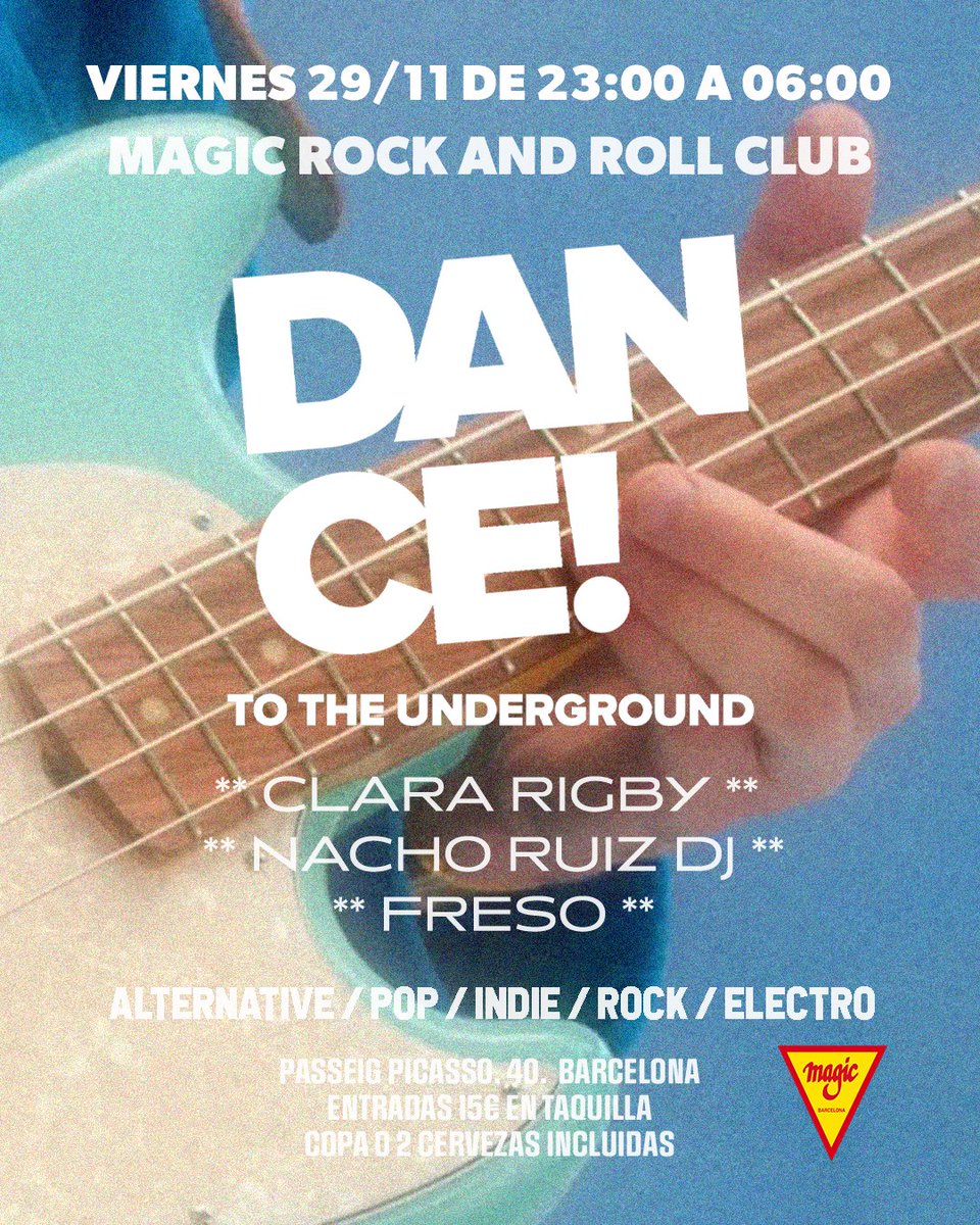 Dance To The Underground (@dttunderground) on Twitter photo Este viernes: MAGIC!
📅 Viernes 29/11, de 23h a 06h
🎚️ <a href="/VictorFreso/">Victor Freso</a> , Clara Rigby y <a href="/NachoRuiz/">Nacho Ruiz</a>
📍 Passeig Picasso, 40
🎫 15€ en taquilla. Copa o dos cervezas incluidas 🍻
🤘❤️✨ Este viernes: MAGIC!
📅 Viernes 29/11, de 23h a 06h
🎚️ <a href="/VictorFreso/">Victor Freso</a> , Clara Rigby y <a href="/NachoRuiz/">Nacho Ruiz</a>
📍 Passeig Picasso, 40
🎫 15€ en taquilla. Copa o dos cervezas incluidas 🍻
🤘❤️✨