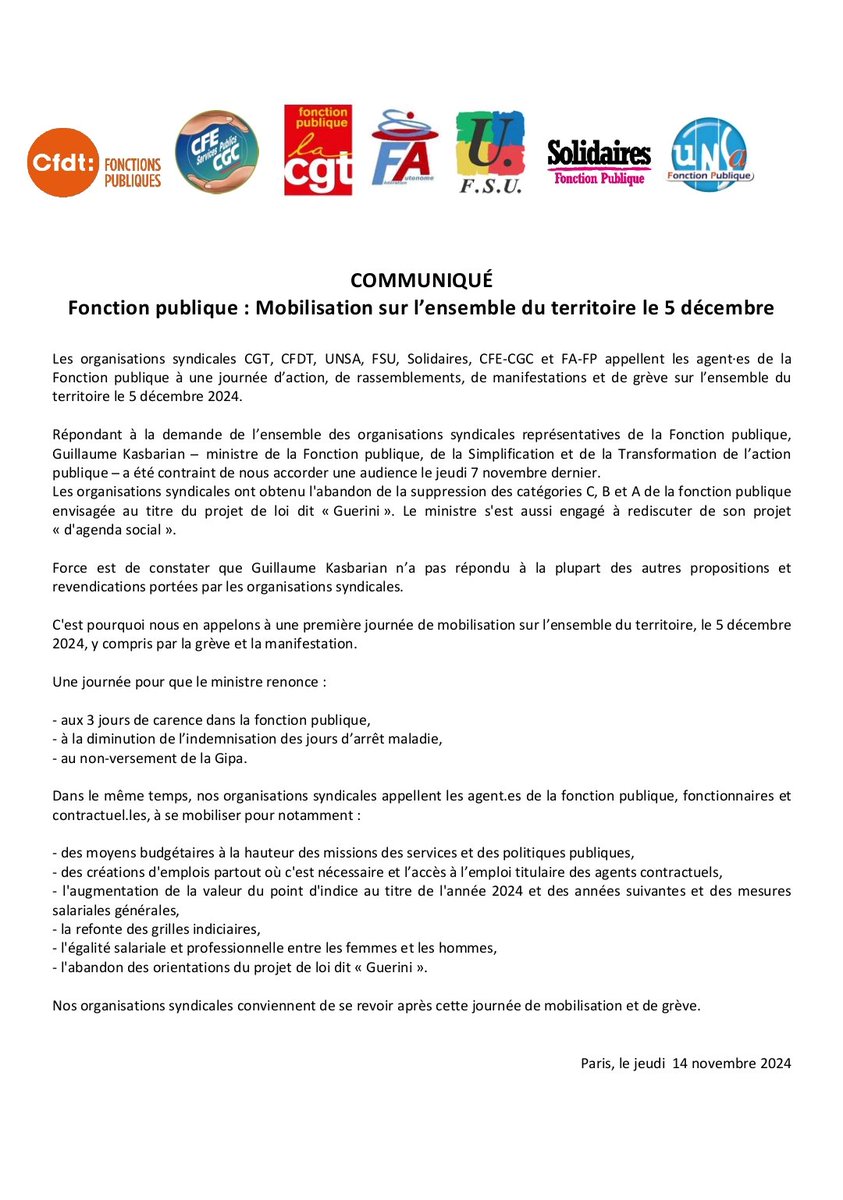 📢 #fonctionpublique : #Mobilisation sur l'ensemble du territoire, le 5 décembre 2024, y compris par la #Grève et #Manifestation #Montpellier 10h00 place Albert 1er !
<a href="/lacgtcommunique/">La CGT</a> <a href="/BinetSophie/">Sophie Binet</a> <a href="/SergeRagazzacci/">serge Ragazzacci</a> <a href="/CGTULMontpel/">UL CGT de Montpellier</a> <a href="/UnionCgt/">Union Locale CGT Sète et Bassin de Thau</a> <a href="/CheminotsCgt/">CGT CHEMINOTS MONTPELLIER</a> <a href="/CgtTam34/">CGT Tam Montpellier</a> <a href="/CGTUM3/">CGT Universités de Montpellier</a> <a href="/CgtChu/">CGT CHU Montpellier</a>