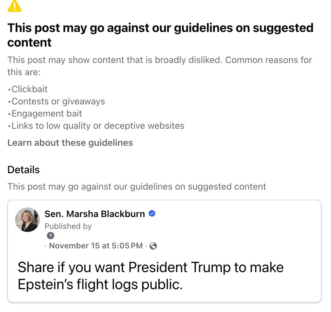 MarshaBlackburn's tweet image. Facebook is trying to silence me and stop me from speaking out about Jeffrey Epstein’s horrific sex trafficking ring.

@Meta, Big Tech, and the media have been trying to cover up his alleged abuses for years, and they’ll even go as far as censoring United States senators who want…