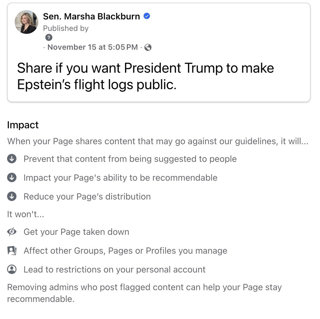 MarshaBlackburn's tweet image. Facebook is trying to silence me and stop me from speaking out about Jeffrey Epstein’s horrific sex trafficking ring.

@Meta, Big Tech, and the media have been trying to cover up his alleged abuses for years, and they’ll even go as far as censoring United States senators who want…