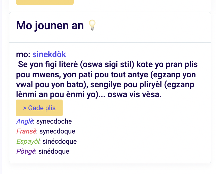 Creole101Com's tweet photo. 📚 Mo Jounen an 💡: SINEDÒK ✨📖

Definisyon: Sinekdòk se yon figi literè kote yo itilize yon pati pou reprezante tout antye, 

Gade plis 👉🏽: https://t.co/MwuB3h1UZQ

Tradiksyon:

Ang: Synecdoche
Fra: Synecdoque
Esp: Sinécdoque
Pòt: Sinédoque

#creole101 #creole101com #ayiti https://t.co/hgf2BfRlFa