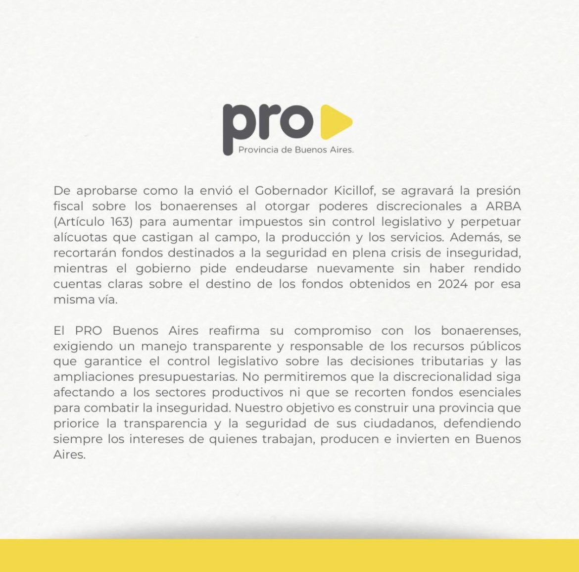adrianurreli's tweet photo. Desde el PRO de la Provincia de Buenos Aires manifestamos nuestra oposición al proyecto de Presupuesto 2025 y a la Ley Impositiva, impulsados por el gobernador @Kicillofok https://t.co/Ki8xgHcKLu