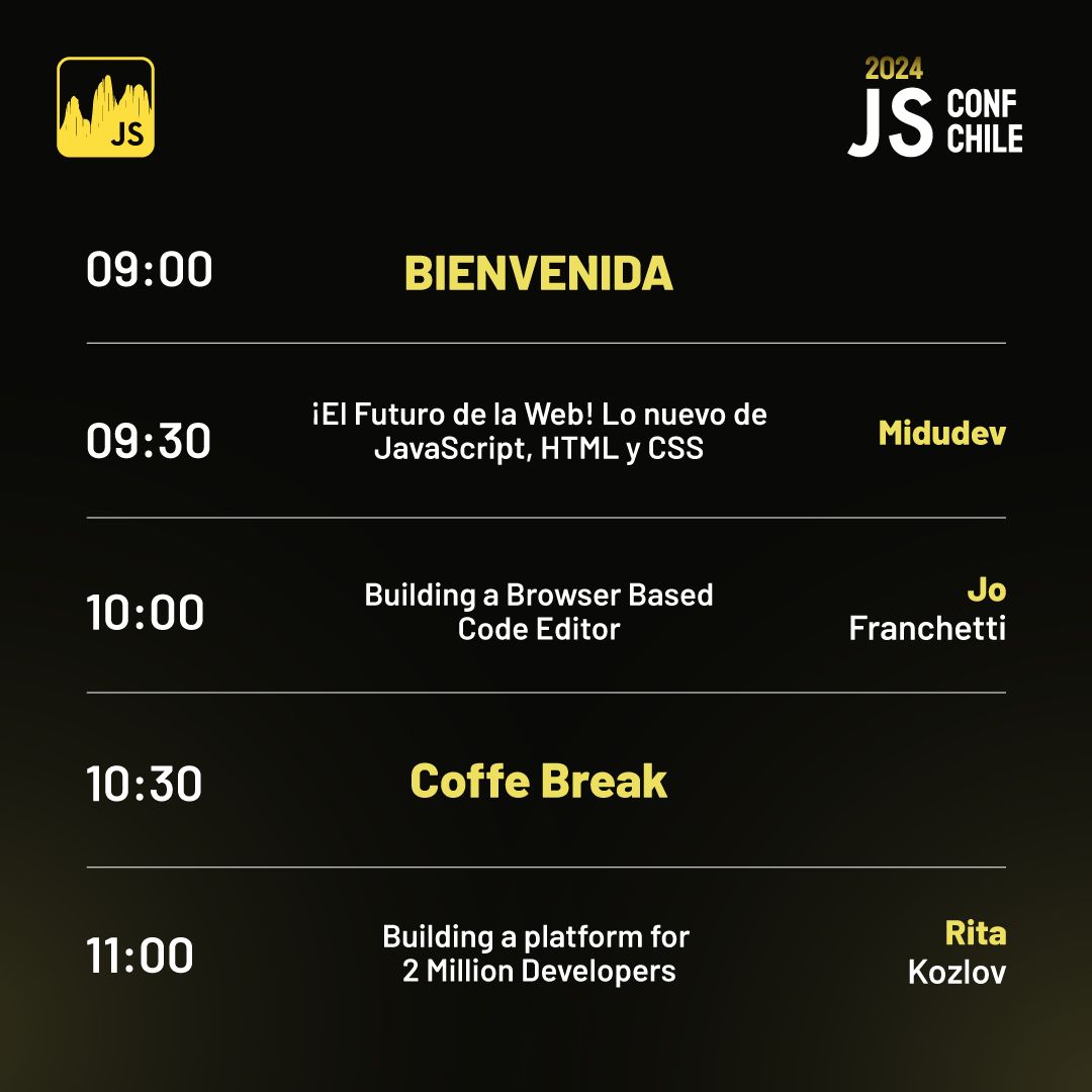 jsconfcl's tweet image. 📅 ¡Día sábado 7 en JSConf Chile 2024! 🚀
El segundo día de la conferencia trae aún más charlas imperdibles y oportunidades de networking que no querrás dejar pasar. 🎉✨