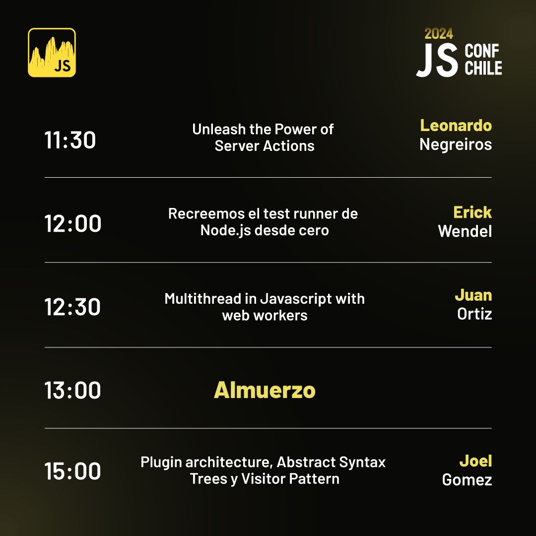 jsconfcl's tweet image. 📅 ¡Día sábado 7 en JSConf Chile 2024! 🚀
El segundo día de la conferencia trae aún más charlas imperdibles y oportunidades de networking que no querrás dejar pasar. 🎉✨