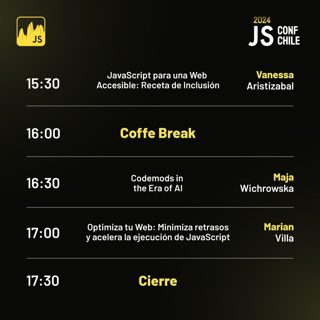 jsconfcl's tweet image. 📅 ¡Día sábado 7 en JSConf Chile 2024! 🚀
El segundo día de la conferencia trae aún más charlas imperdibles y oportunidades de networking que no querrás dejar pasar. 🎉✨