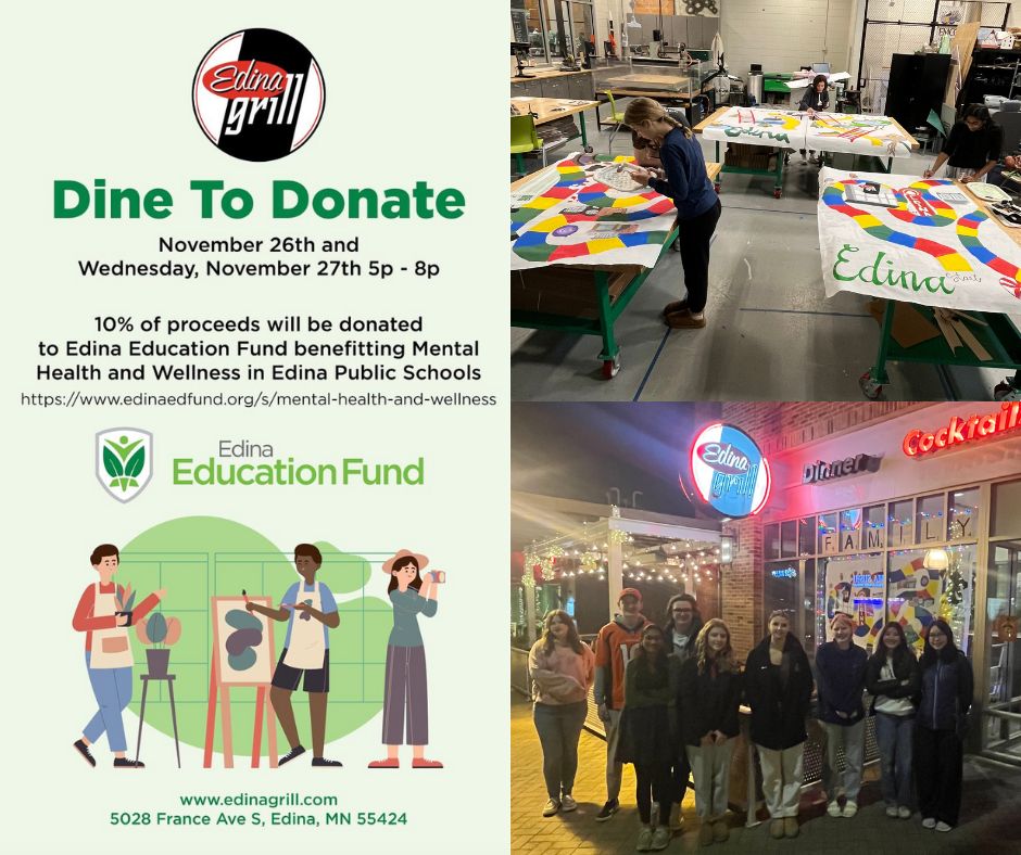 Dine in at Edina Grill this Tues. or Wed. from 5-8 p.m., and they will generously donate 10% of proceeds to benefit Mental Health &amp; Wellness resources in <a href="/edinaschools/">Edina Schools</a> when you mention the Ed Fund. Then  vote for the Edina Grill holiday window, designed &amp; created by EHS students.