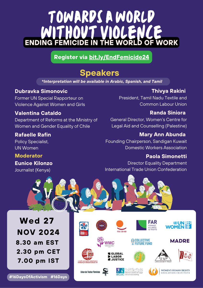 Femicide was committed against nearly 89,000 women &amp; girls in 2022. Join us on Thursday for Towards A World Without Violence, on ending femicide in the world of work. #EndFemicide24  #16DaysOfActivism #16days 

 Register via bit.ly/EndFemicide24