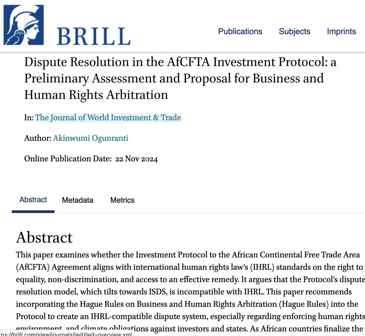 Happy to announce yet  another publication. In this article, I examine the coherence of  International Human Rights Law principles with the AfCFTA's
Investment Protocol.

lnkd.in/gZ2fb7eX