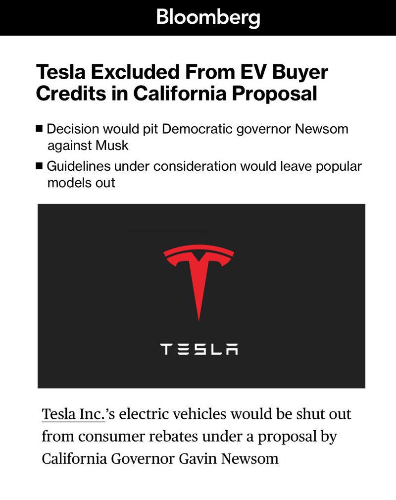 BREAKING: Tesla excluded from EV Buyer Credits in California Proposal. Even though Tesla is the only company who manufactures their EVs in California.

This is pure lawfare against Elon Musk. It’s time to revoke Gavin Newsom as governor.