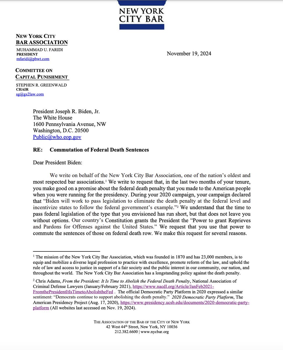 New York City Bar Association sends letter to <a href="/POTUS/">President Donald J. Trump</a> Joe Biden urging him to commute the sentences of those on federal death row. nycbar.org/reports/letter… <a href="/NYCBarAssn/">New York City Bar</a> #deathpenalty