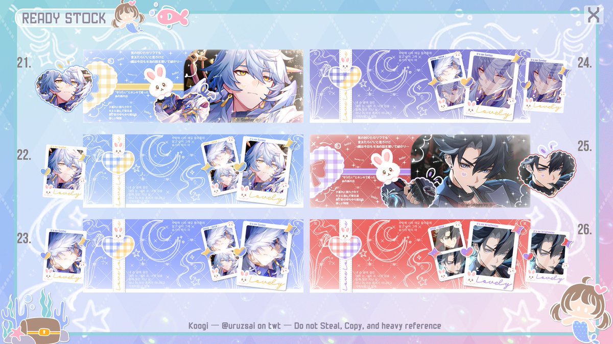 Haai gess ~ ✨

Koogi masih ada layout ridi 2D nyaa nih (Genshin, HSR, HI3, Wuwa, Proseka) ~
1-9: 13k (get ava PNG + JPEG)
10-26: 8k (get ava PNG only)

Yuuk jajan yuk geess ~ ✨
#zonauang #zonajajan