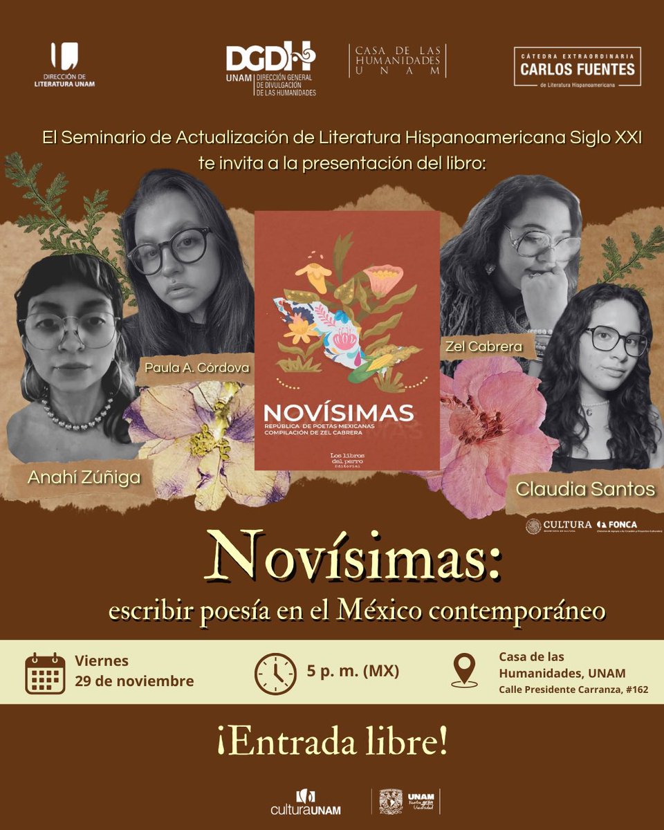 Zel Cabrera (@zel_cabrera) on Twitter photo Este viernes estaremos presentando _Novísimas. República de poetas mexicanas_ en el cierre del Seminario de Actualización de Literatura Hispanoamericana Siglo XXI de <a href="/CatedraCarlosF/">CátedraCarlosFuentes</a>
Estaré con: Paula A. Córdova, Anahí Zúñiga y <a href="/claudiaexcaret_/">Claudia Santos</a> .
🕰️: 5: 00 pm
Ahí nos vemos. Este viernes estaremos presentando _Novísimas. República de poetas mexicanas_ en el cierre del Seminario de Actualización de Literatura Hispanoamericana Siglo XXI de <a href="/CatedraCarlosF/">CátedraCarlosFuentes</a>
Estaré con: Paula A. Córdova, Anahí Zúñiga y <a href="/claudiaexcaret_/">Claudia Santos</a> .
🕰️: 5: 00 pm
Ahí nos vemos.