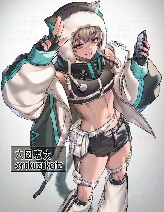 skebリクエスト&amp;ブーストありがとうございました!
クライアントをイメージしたイラストをご希望だったので、えっちベルトを沢山巻きました。
ホットパンツと際どい自撮りが印象なので昼モアくんと夜モアくんです。
あとデカい 