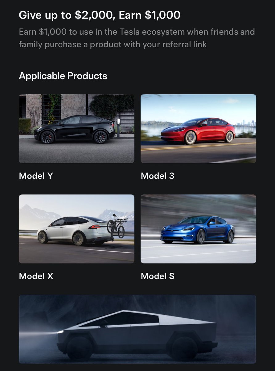 SawyerMerritt's tweet photo. BREAKING: Tesla has made some big changes to their referral program in North America!

Buyers who use a referral code now receive up to $2,000 off the purchase price of a new vehicle, Supercharging, service center visits, etc.

Also, referrers get $1,000 when someone uses your referral link.

Here is my referral link if you want to order a new Tesla:  https://t.co/nxrYfImJhn