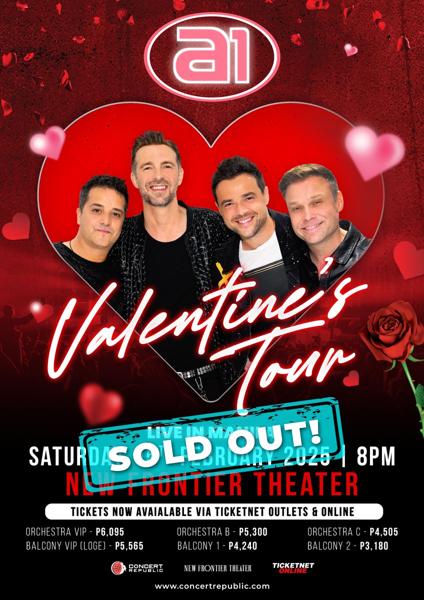 MANILA!! <a href="/a1/">Æ</a>'s Valentine’s Tour Live at the New Frontier Theater is officially SOLD OUT! Thank you for the overwhelming love and support!

See you on February 15, 2023 for a Valentine’s experience like no other!

#A1ValentinesTour #A1LiveInManila #SOLDOUT