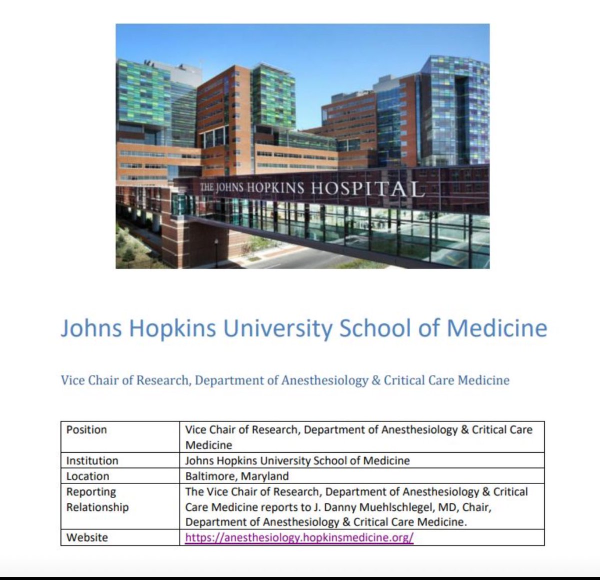 DannyMuehlschMD's tweet image. The Johns Hopkins Medicine Department of #Anesthesiology and #CriticalCareMedicine are delighted to announce a national search for our next Vice Chair of #Research.
DM for application details for this transformative opportunity.