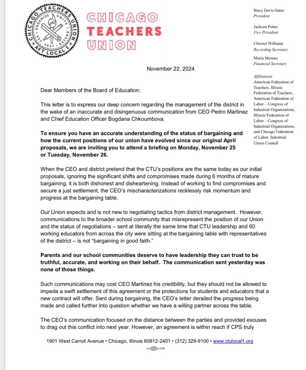 Who’s the boss? 
Compare CPS School Board letter to CEO Pedro Martinez to CTU letter to School Board.