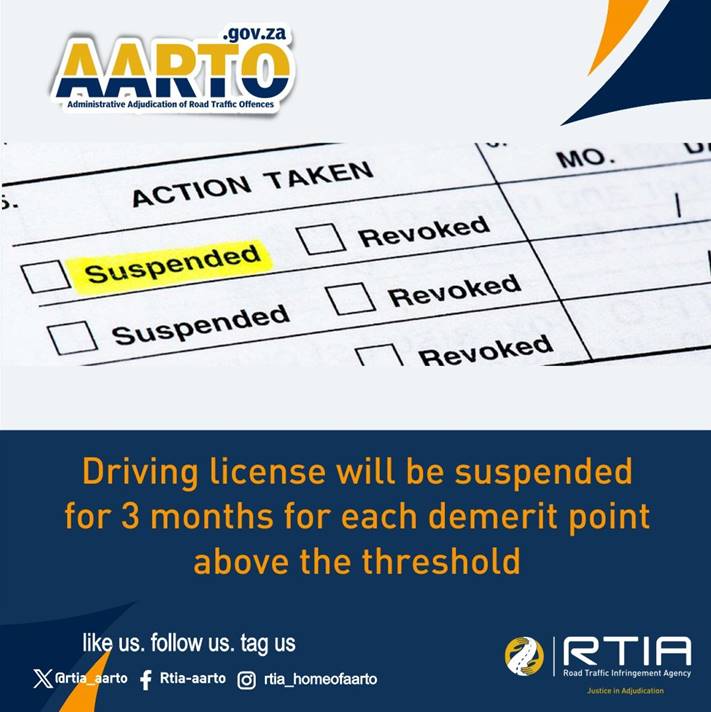 rtia_aarto's tweet image. 🚨 A threshold of 15 demerit points will apply before the license is suspended. A driving license will be suspended for three months for each demerit point above the threshold. Comply and stay at Zero.
#demeritpoints
#Compliance