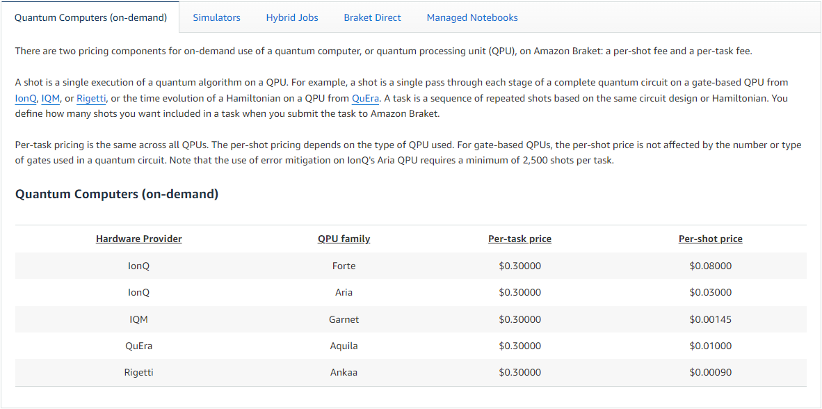 genejchan's tweet photo. According to $AMZN Braket's pricing page, $IONQ Forte is the most powerful quantum computer available on AWS as evidenced by their highest per-shot price.

The second most powerful quantum computer on AWS is IONQ Aria. https://t.co/BVIitC39Z9