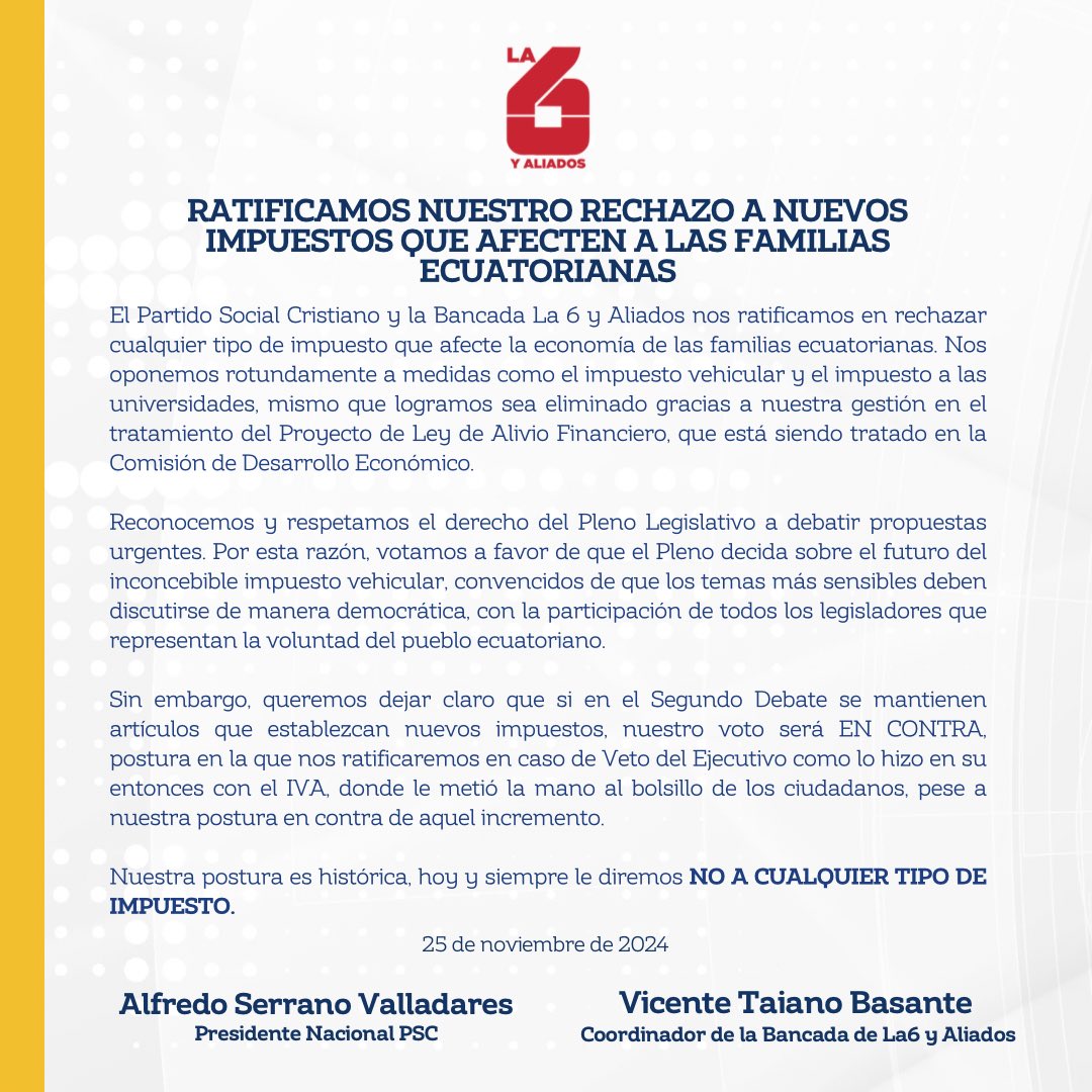 🔴 #COMUNICADO | ¡RATIFICAMOS NUESTRO RECHAZO A NUEVOS IMPUESTOS QUE AFECTEN A LAS FAMILIAS ECUATORIANAS!
