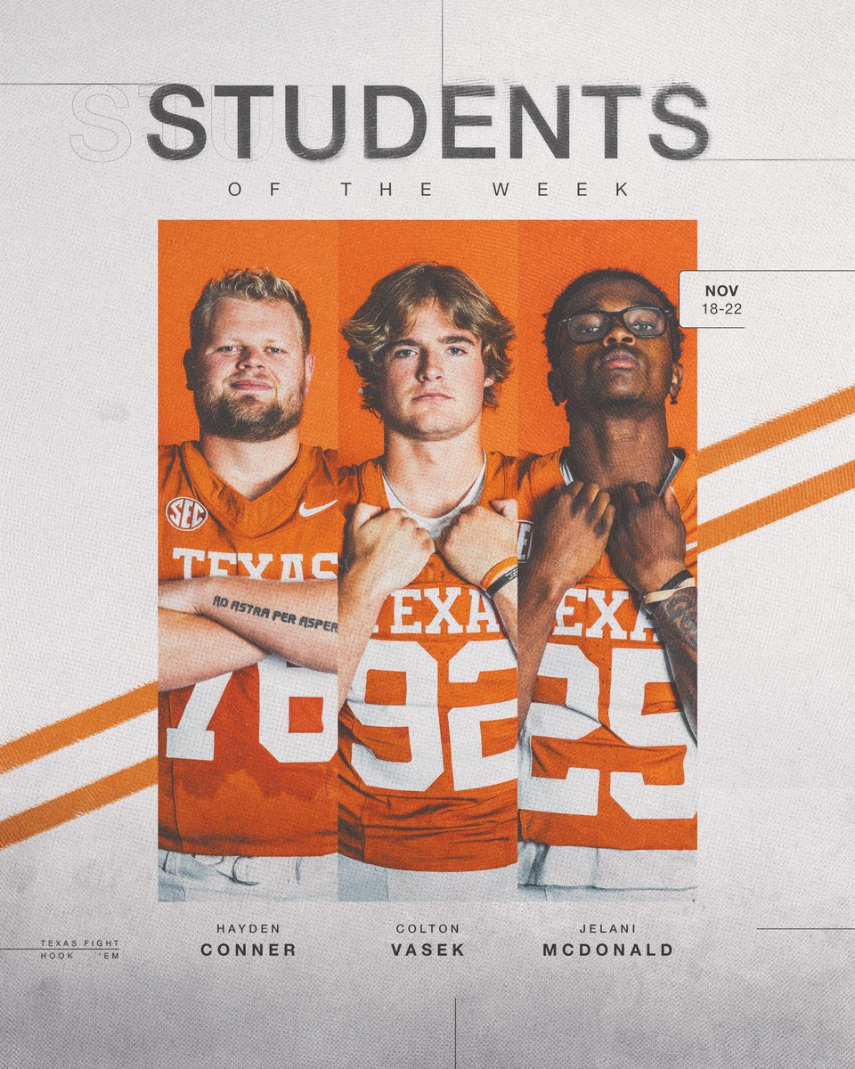 Texas Football (@texasfootball) on Twitter photo Congrats to our Students of the Week 🤘
<a href="/HaydenConner/">Hayden Conner</a> x <a href="/ColtonVasek/">Colton Vasek</a> x <a href="/jelani_mcd24/">Jelani McDonald</a> Congrats to our Students of the Week 🤘
<a href="/HaydenConner/">Hayden Conner</a> x <a href="/ColtonVasek/">Colton Vasek</a> x <a href="/jelani_mcd24/">Jelani McDonald</a>