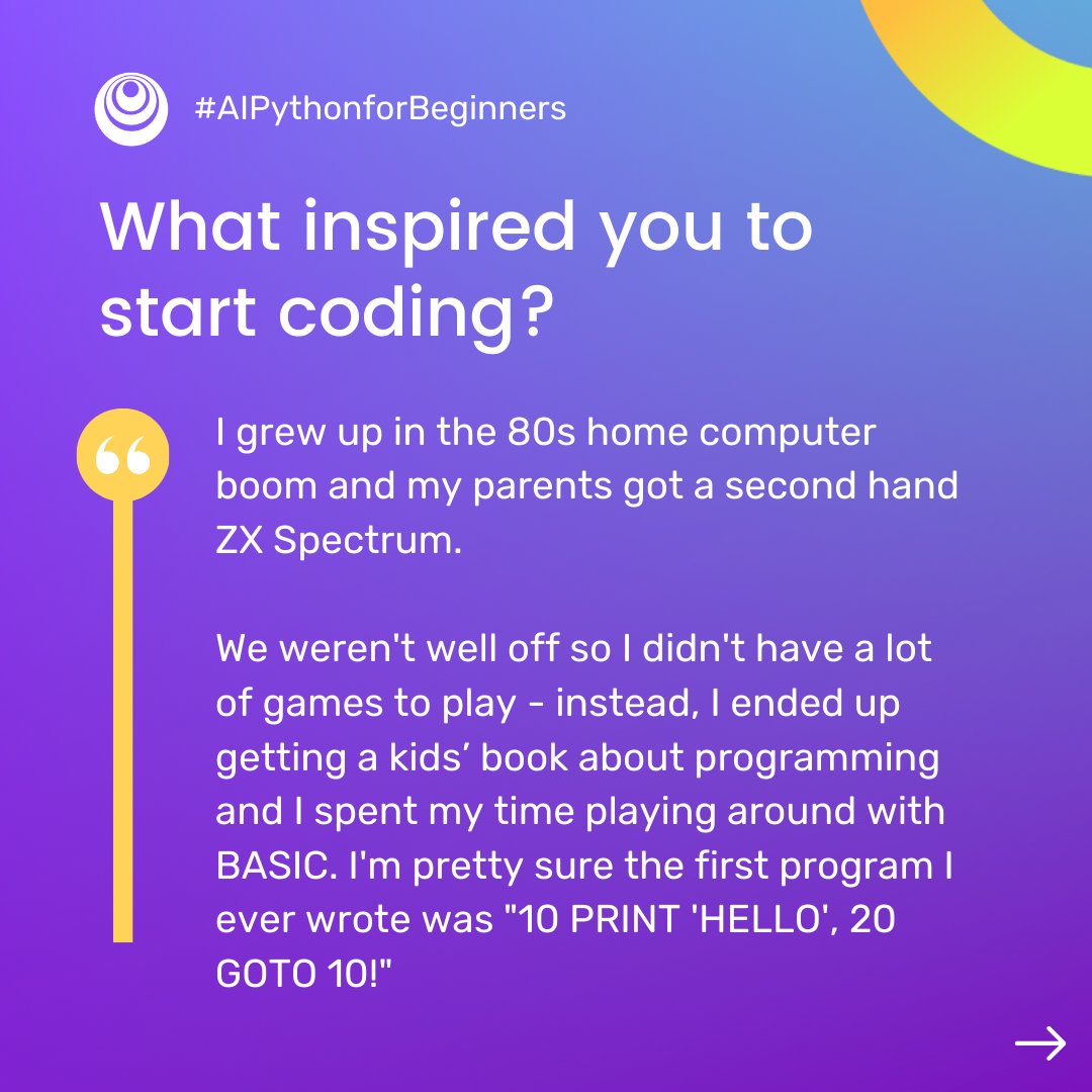 DeepLearningAI's tweet photo. From a ZX Spectrum and BASIC in the 80s to modern Python, Jennie’s story shows how curiosity fuels growth.
Ready to start your coding adventure? Learn with #AIPythonforBeginners today! https://t.co/37tx0UUWhE https://t.co/9OHZO9g7B6