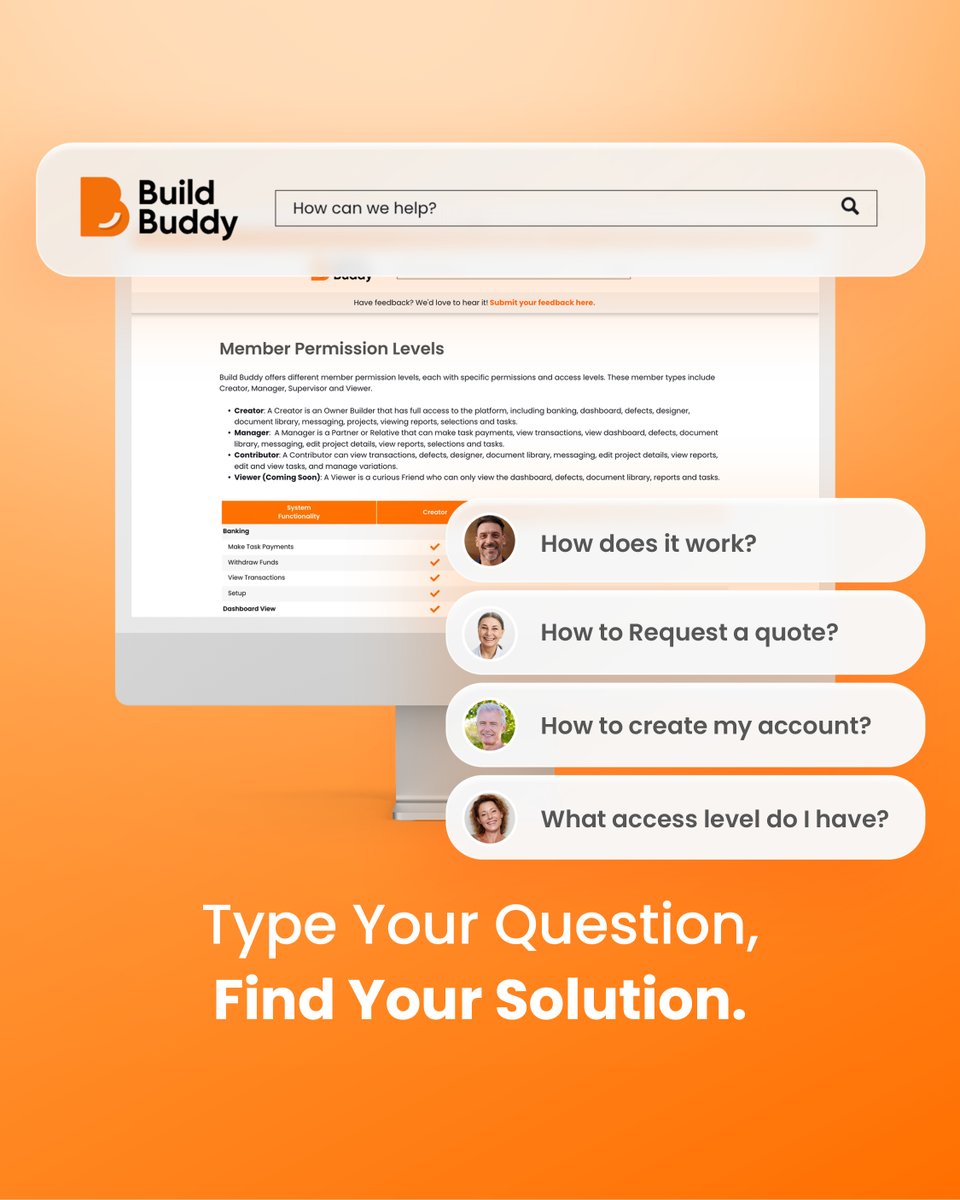 BuildBuddyAu's tweet photo. Got a question? Our new Help Centre has you covered! 

1️⃣ Find the answers you need with easy-to-navigate topics
2️⃣ Type your question, and let the search bar do the rest
3️⃣ Watch step-by-step how-to videos and guides on all things Build Buddy

Learn more: https://t.co/9EidYFYeV2 https://t.co/jcB3q3dRKb