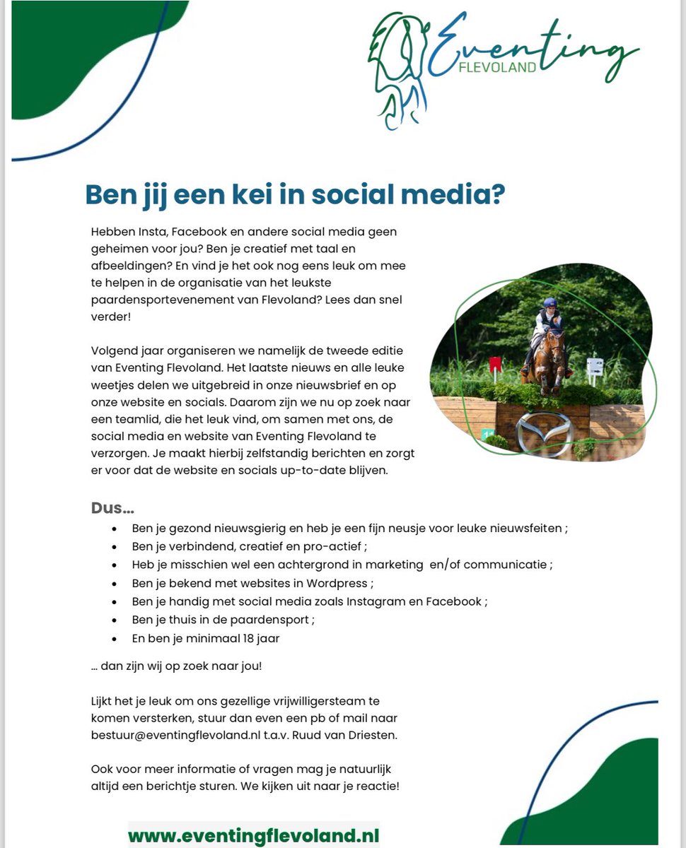 Ben jij een kei in social media? 

Wij zoeken een enthousiaste vrijwilliger met een passie voor de paardensport die het leuk vindt om ons mediateam te versterken!