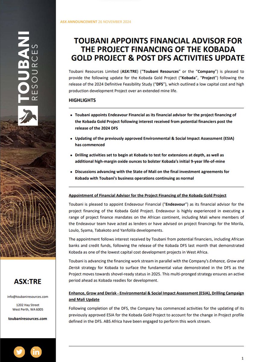 $TRE continues to advance the Kobada Gold Project with financial advisory by Endeavour Financial, ESIA updates in progress, #drilling activities about to commence, and strong progress in discussions with the State of #Mali on #investment agreements. 
ASX🔗bit.ly/3Zm1lpD