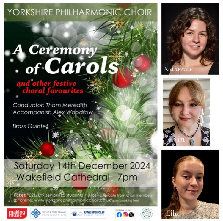 We are delighted to be featuring our 3 bursary students from <a href="/LeedsMusicDrama/">Leeds Conservatoire</a> in our Christmas concert. 
Katherine, Erin &amp; Ella will be singing the solo &amp; duet in Britten’s Ceremony of Carols which will form part of the evening.
🎟️🎟️🎟️yorkshirephilharmonicchoir.co.uk
