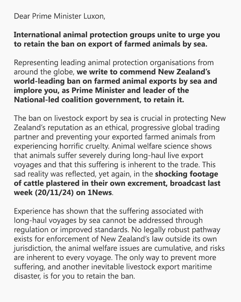 Alliance_AAFA's tweet photo. The Alliance has united 19 leading animal protection organisations from Europe, Australia and New Zealand to urge the New Zealand Prime Minister, Christopher Luxon to maintain his country’s ban on exports of farmed animals by sea.

https://t.co/0OkK6A1Mwy https://t.co/zoJJrsxZfD